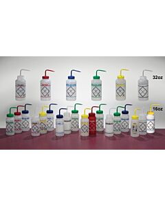 Bel-Art Safety-Labeled 2-Color Machine Oil (No Diamond) Wide-Mouth Wash Bottles; 500ml (16oz), Polyethylene W/Natural Polypropylene Cap (Pack Of 6)