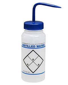 Bel-Art Safety-Labeled 2-Color Distilled Water Wide-Mouth Wash Bottles; 500ml (16oz), Polyethylene W/Blue Polypropylene Cap (Pack Of 6)