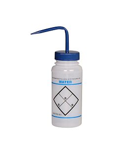 Bel-Art Safety-Labeled 2-Color Water Wide-Mouth Wash Bottles; 500ml (16oz), Polyethylene W/Blue Polypropylene Cap (Pack Of 6)