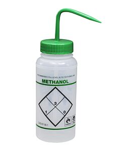 Bel-Art Safety-Labeled 2-Color Methanol Wide-Mouth Wash Bottles; 500ml (16oz), Polyethylene W/Green Polypropylene Cap (Pack Of 6)