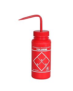Bel-Art Safety-Labeled 2-Color Toluene Wide-Mouth Wash Bottles; 500ml (16oz), Polyethylene W/Red Polypropylene Cap (Pack Of 6)