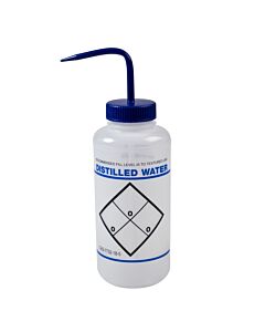 Bel-Art Safety-Labeled 2-Color Distilled Water Wide-Mouth Wash Bottles; 1000ml (32oz), Polyethylene W/Blue Polypropylene Cap (Pack Of 6)