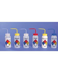 Bel-Art Safety-Labeled 4-Color Methanol Wide-Mouth Wash Bottles; 500ml (16oz), Polyethylene W/Green Polypropylene Cap (Pack Of 4)