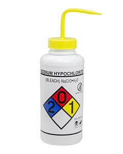 Bel-Art Right-To-Know Safety-Vented / Labeled 4-Color Sodium Hypochlorite (Bleach) Wide-Mouth Wash Bottles; 1000ml (32oz), Polyethylene W/Yellow Polypropylene Cap (Pack Of 2)