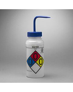 Bel-Art Ghs Labeled Safety-Vented Water Wash Bottles; 500ml (16oz), Polyethylene W/Blue Polypropylene Cap (Pack Of 4)
