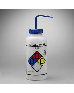 Bel-Art Ghs Labeled Safety-Vented Distilled Water Wash Bottles; 1000mL (32oz), Polyethylene W/Blue Polypropylene Cap (Pack Of 2)