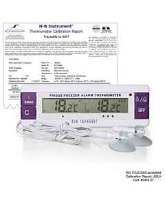 Bel-Art H-B Durac Calibrated Dual Zone Electronic Thermometer With Waterproof Sensors; -40/70c (-40/158f) External, -40/70c (-40/158f) External, 0c And 22c Zone Calibrations
