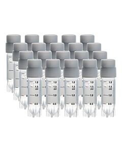 Biologix Cryoking 2.0ml Clear Polypropylene Sterile Cryovials With External Thread And White Caps Assembled. Cryovials Have Writing Patch And Marked Graduations. 25 Cryovials/Bag, 20 Bags/Pack, 2 Packs/Case, With Side Code