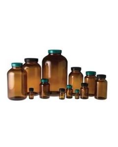 Chemglass Bottle, Wide Mouth, 44 O.D. X 75mm H, Amber, 33-400 Thread Size, Ptfe Lined Green Cap, Convenience Pack, Polyseal, Or Vinyl Lined Pulp, For Protection Of Light Sensitive Materials, Large Wide Mouth Opening Provides For Easier Access Of