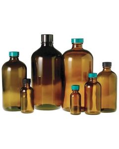 Chemglass Life Sciences Bottle, Boston Round, Amber,60ml/2oz, 20-400 Thread Size, Ptfe Lined Greencap