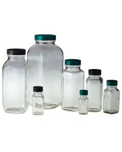 Chemglass Life Sciences Bottle, Square, Wide Mouth,Clear, 60ml/2oz, 28-400 Thread Size, Ptfelined Green Cap