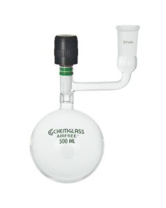 Chemglass Flask, Storage, 50ml, Airfree, 14/20 Joint, 0 - 4mm Chem-Cap. Round Bottom Storage Flask With A Standard Taper Outer Joint On The Sidearm. The 50, 100 And 250ml Sizes Have A 0-4mm Chem-Vac Chem-Cap Valve.