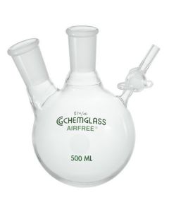 Chemglass 50ml 2-Neck Flask, Reaction, 14/20 Jt Size, 2mm Glass Stopcock. Round Bottom 2-Neck Flask Having Standard Taper Outer Jts, Both Being Of The Same Size. Side Neck Can Be Fitted With Acg-3022 Septum Stopper For Sampling Or Cannula Trans