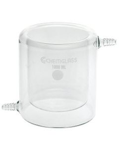 Chemglass Beaker, Jacketed Reaction, 100ml, 47mm Id X 59mm Inside Height, 75mm Odx 73mm Height. Bottom Interior Surface Is Conical In Shape To Help Eliminate Spinout When Used With Egg Shaped Spinbars. Hose Connections Have An O.D. Of 10mm At Th