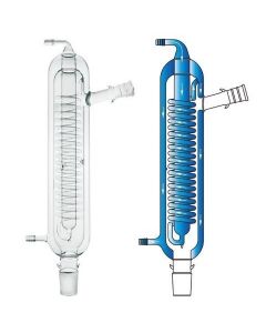 Chemglass Condenser, Reflux, 540mm, 24/40 Joint, 400mm Jacket Length. Reflux Condenser Having An Internal Coil That Is Water Jacketed. Vapors Are Condensed Both On The Coil & Inner Wall Of The Jacket. Hose Connections Have An O.D. Of 10mm At The