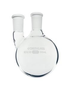 Chemglass Round Bottom, Heavy Wall Two Neck Flask With Standard Taper Outer Joints On Both The Center Neck And Vertical Side Neck. 1-Cn 45/50 Outer, 1-Sn 24/40 Outer.
