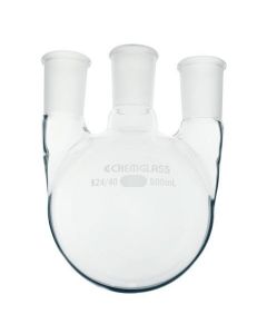 Chemglass Round Bottom, Heavy Wall Three Neck Flask With Standard Taper Outer Joints On The Center Neck And Vertical Side Necks. 1-Cn 29/42 Outer, 2-Sn 24/40 Outer.