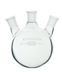 Chemglass Flask, Round Bottom, 50ml, Heavy Wall. Round Bottom, Heavy Wall Three Neck Flask With Standard Taper Outer Joints On The Center Neck And 20 Angled Side Necks. 19/22 - 19/22, 3-Neck, Angled 20.For Larger Flasks Seecg-1524.