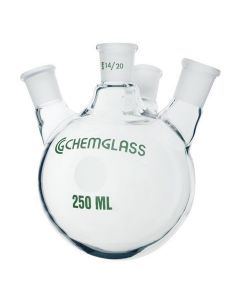 Chemglass Life Sciences Flask, Round Bottom, 500ml, Heavy Wall, 14/20 - 14/20, 4-Neck, Angled 20.