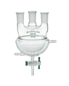 Chemglass Round Bottom, Heavy Wall, Three-Neck Flask With Standard Taper Outer Joints On The Center Neck And Vertical Side Necks. Lower Half Of The Flask Is Jacketed With Two Hose Connections For Circulation Of Heating Or Cooling Liquid. 29/42 -