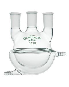 Chemglass Life Sciences Flask, Round Bottom, 100ml, Heavy Wall, 24/40 - 24/40, 3-Neck, Vertical, Half Jacketed