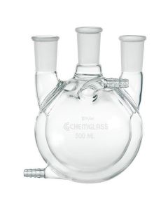 Chemglass Round Bottom, Heavy Wall, Three-Flask With Standard Taper Outer Joints On The Center And Side Necks. Entire Body Of Flask Is Jacketed And Has Two Hose Connections For Circulation Of Heating Or Cooling Liquid. 24/40 - 24/40