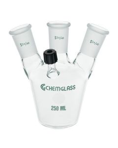 Chemglass Life Sciences European Style Flask With Tapered Walls And A Shallow Hemispherical Bottom. With A #7 Chem-Thread For Insertion Of Thermometers Or Bleed Tubes Having An O.D. Between 4 And 7mm. 1-Cn 14/20 Outer, 2-Sn 14/20 Outer Angled 20