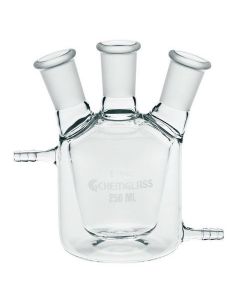 Chemglass Life Sciences Chemglass European Style Flask With Tapered Walls And A Shallow Hemispherical Bottom. Entire Body Of The Flask Is Jacketed And Has Two Hose Connections For Circulation Of Heating Or Cooling Liquid. 1-Cn 14/20 Outer, 2-Sn 14/20 Oute