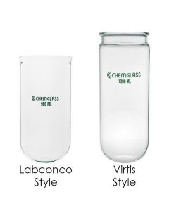 Chemglass Flat Bottom Borosilicate Flask For Use With Labconco And Virtis Freeze Dryers. Wide Mouth Design Provides Easy Access Sample. Labconco P/N 7542600.