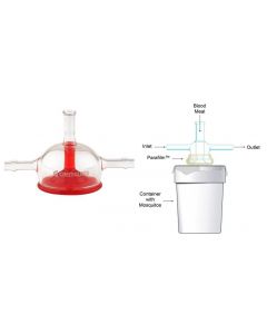 Chemglass Life Sciences Chemglass Glass Mosquito Feeder. Mosquito Feeding Area Is 50mm Diameter. The Assembled Feeder Is Held On Top Of The Screened Box. Feeder Has 10mm O.D. Hose Connections, While The Blood Chamber Has An O.D. Of 56mm Where The Parafilm