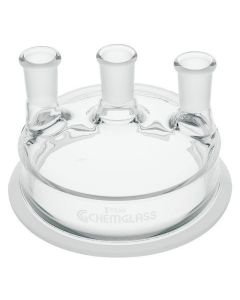 Chemglass Three Neck Vessel Lid To Fitcg-1920 Throughcg-1936 Vessels. Lid Has A Flat Ground Surface Allowing It To Be Greased Or Used With An O-Ring. 24/40 Center Neck, 2-24/40 Side Necks, 100mm Schott Flange