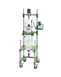 Chemglass Life Sciences Complete Glass Reactor System On Open Air, Auto-Center Stand. 10l Process Reactor, Complete, Air Motor, 67.0" Oah With Motor, 15.3" Clearance Below Valve.
