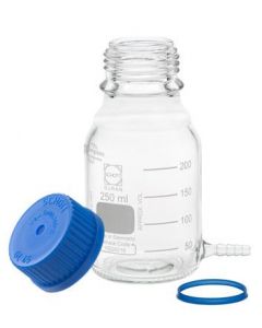 Chemglass Life Sciences Bottle, Media, 250ml, Duran, Clear, With Hose Barb For 1/4" Tubing And Gl-45 Vented Cap