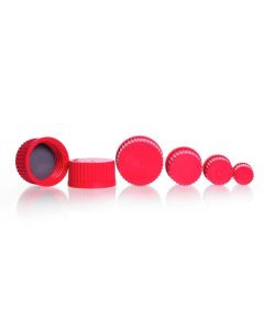 DWK DURAN® GL 32 High Temperature Screw Cap (PBT, red), with PTFE-coated, peroxide cured silicone cap liner