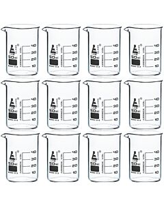 Eisco Labs 12pk Beaker, 50ml - Low Form With Spout - White, 10ml Graduations - Borosilicate 3.3 Glass