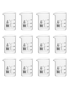 Eisco Labs 12pk Beakers, 100ml - Griffin Style, Low Form With Spout - White, 25ml Graduations - Borosilicate 3.3 Glass