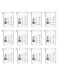 Eisco Labs 12pk Beakers, 150ml - Griffin Style, Low Form With Spout - White, 25ml Graduations - Borosilicate 3.3 Glass