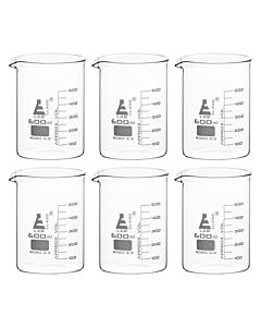 Eisco Labs 6pk Beaker, 600ml - Low Form With Spout - White, 50ml Graduations - Borosilicate 3.3 Glass