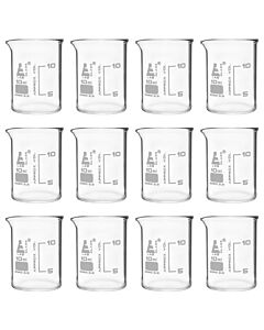 Eisco Labs 12pk Beakers, 10ml - Astm - Low Form, Dual Scale Graduations - Borosilicate Glass