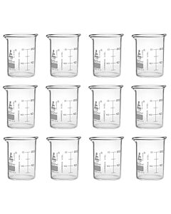 Eisco Labs 12pk Beakers, 20ml - Astm - Low Form, Dual Scale Graduations - Borosilicate Glass