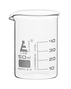 Eisco Labs Beaker, 50ml - Low Form - 10ml Graduations - Borosilicate Glass