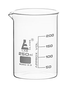 Eisco Labs Beaker, 250ml - Low Form - 50ml Graduations - Borosilicate Glass