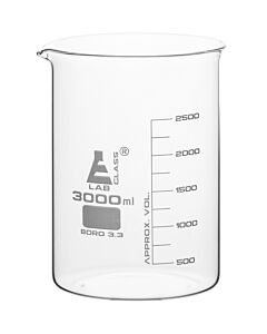 Eisco Labs Beaker, 3000ml - Low Form - White Graduations - Borosilicate Glass