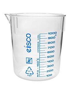 Eisco Labs Beaker, 1000ml, Tpx Plastic, With Spout - Blue Graduations - Eisco Labs