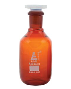Eisco Labs 125ml Amber Reagent Bottle , Narrow Mouth With Acid Proof Polypropylene Stopper, Socket Size 19/26