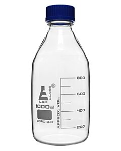 Eisco Labs Reagent Bottle, 1000ml - Transparent With Blue Screw Cap - White Graduations - Borosilicate 3.3 Glass - Eisco Labs