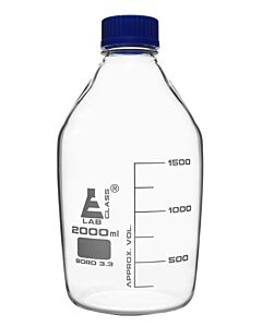 Eisco Labs Reagent Bottle, 2000ml - Transparent With Blue Screw Cap - White Graduations - Borosilicate 3.3 Glass - Eisco Labs