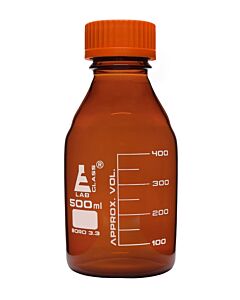Eisco Labs Reagent Bottle, 500ml - Amber Colored Glass - Orange Screw Cap - Borosilicate 3.3 Glass