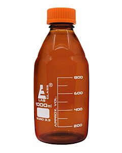 Eisco Labs Reagent Bottle, 1000ml - Amber Colored Glass - Orange Screw Cap - Borosilicate 3.3 Glass