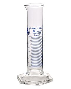 Eisco Labs Measuring Cylinder, 50ml - Class A - Squat Form, Blue Graduations